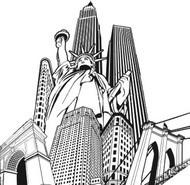 Målarbild Frihetsgudinnan och byggnader