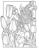 Coloriage anti-stress Lapin au milieu des fleurs de printemps