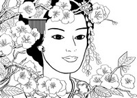 Ausmalen als Anti-Stress Japan: Geisha im Garten