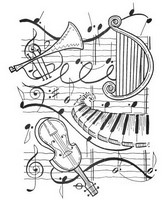 Disegno da colorar antistress Arpa, tromba, violino, pianoforte ...